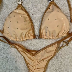 Gold Competition bikini with crystal bow connectors